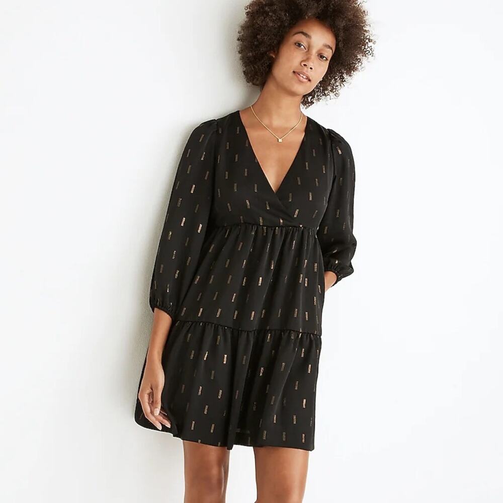 Madewell Black & Gold Metallic Jacquard Faux-Wrap Tiered Mini Dress Size XXS